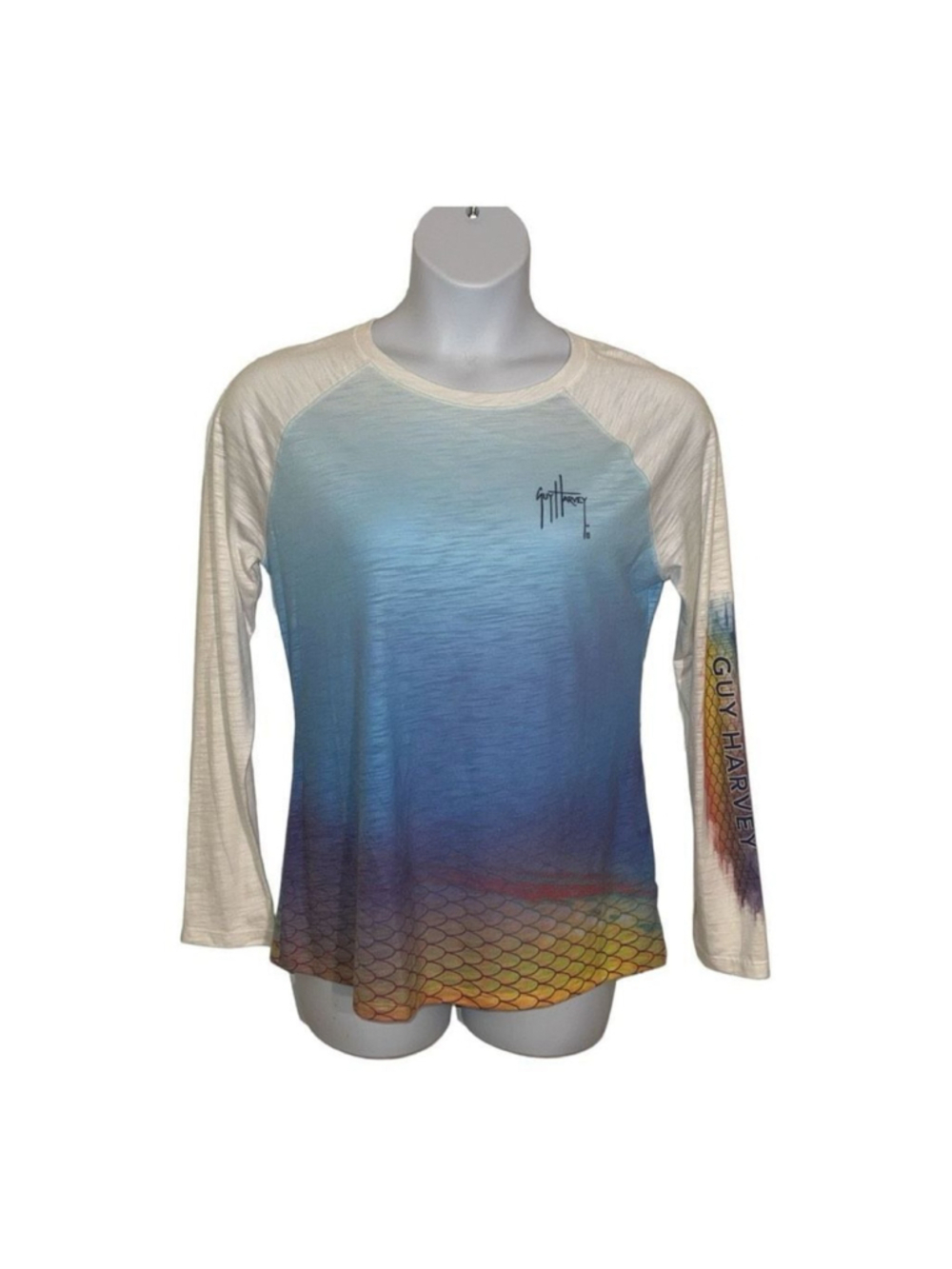 Guy Harvey Shirt Large Fishing Fish Graphic Long Sleeve Raglan Multicolor